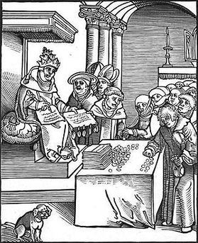POPE SELLING FORGIVENESS: woodcut of the pope selling indulgences, from Passionary of the Christ and Antichrist (Photo credit: Wikipedia)