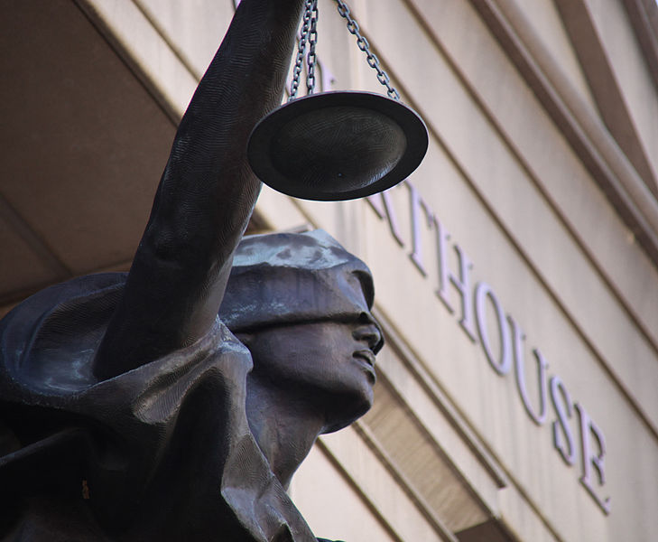JUSTITIA OR THEMIS: Blind pagan goddess of justice outside Federal Courthouse, Alexandria VA